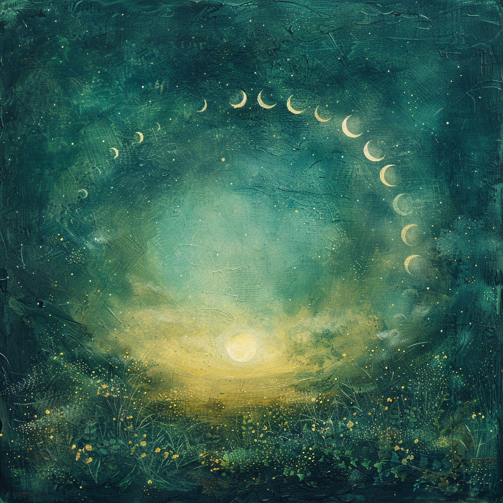 Mystical serene spiral made from gently glowing moon phases in green and golden tones, representing the sacred journey through cycles of transformation